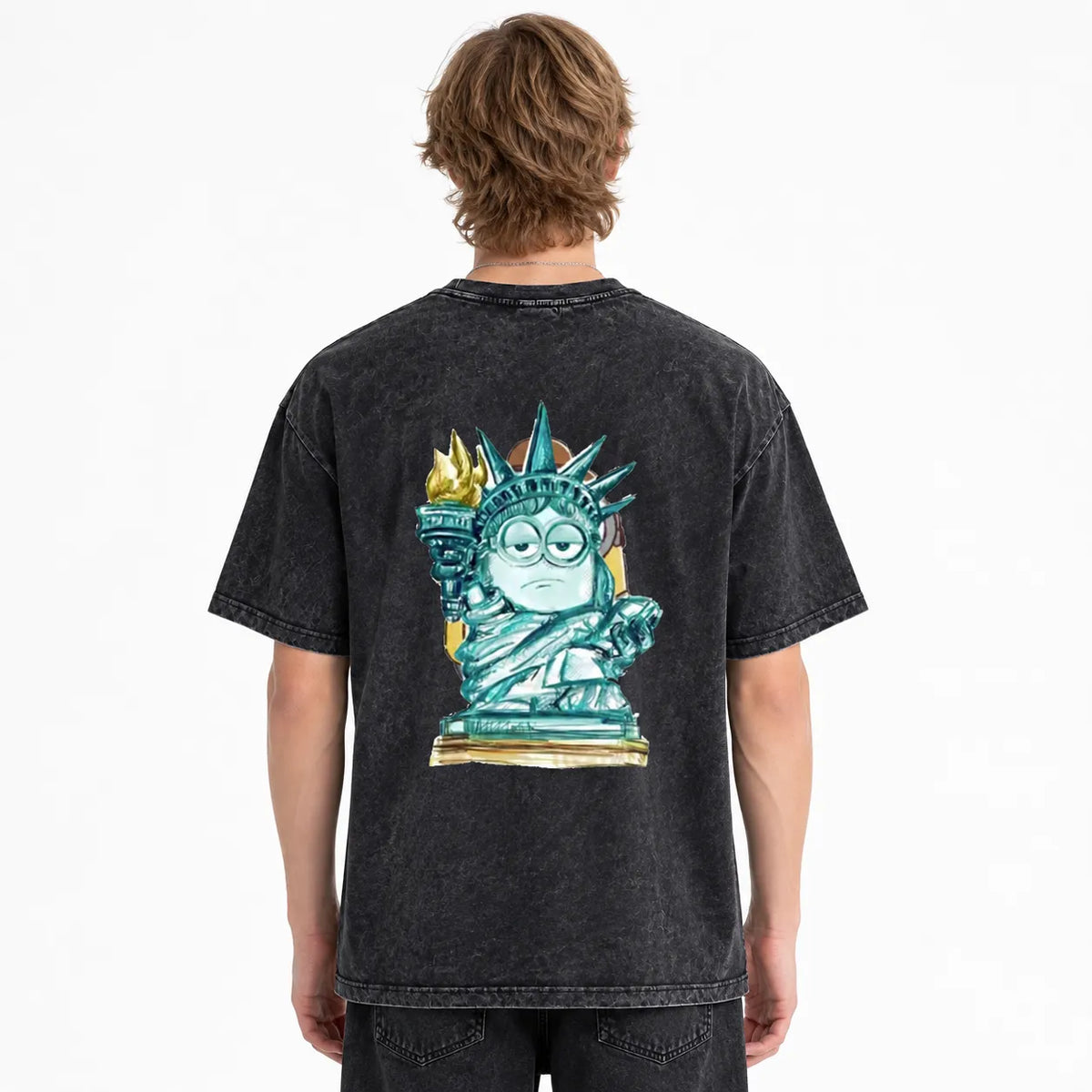 LAWLESSROW Statue of Liberty Minion Torch Vintage Acid Wash Tee