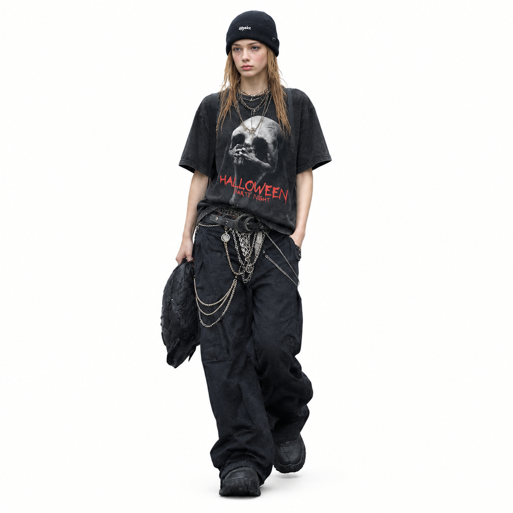 LAWLESSROW Halloween Party Night Creature Vintage Acid Wash Tee