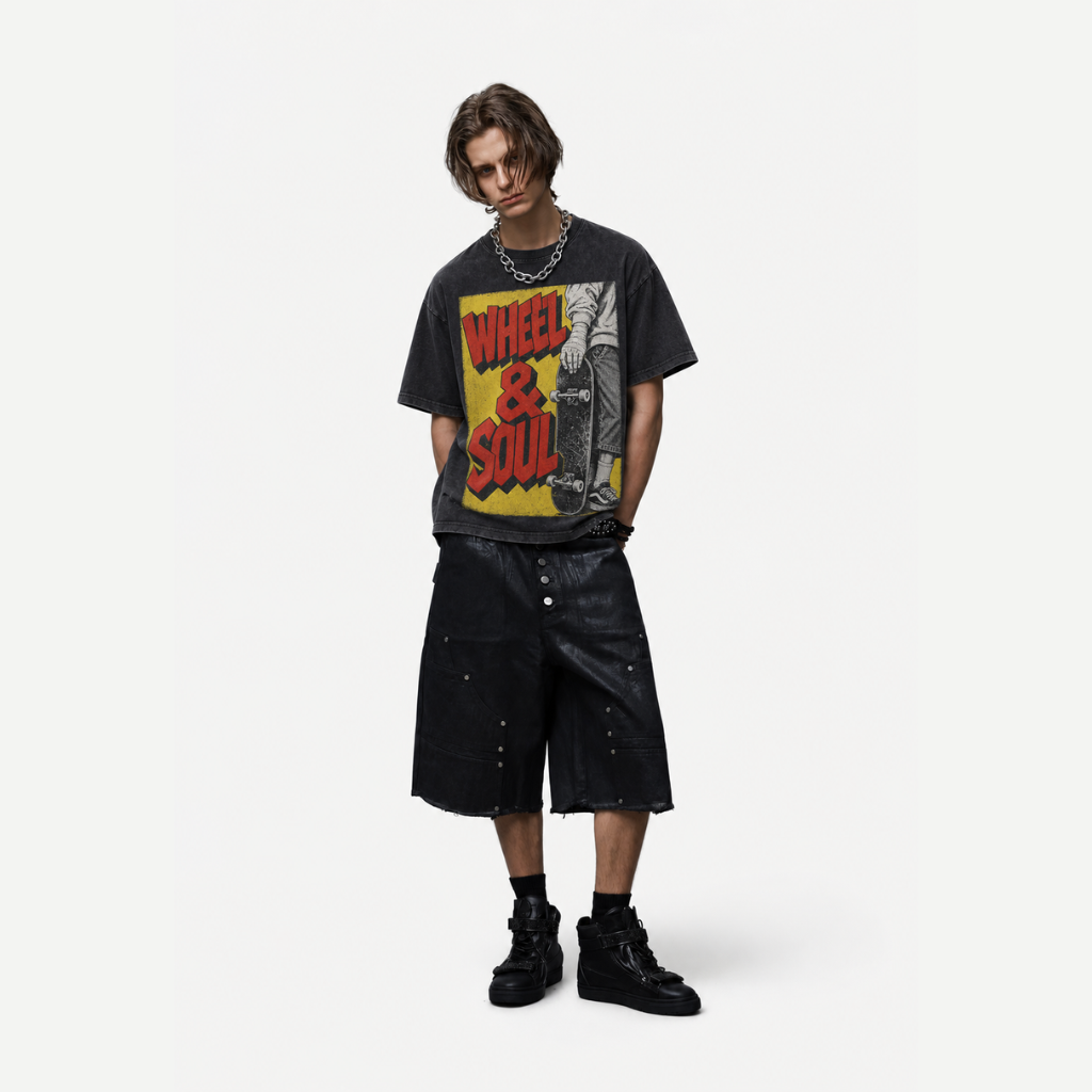 Vintage Acid Wash Wheel & Soul Skateboard Graphic Tee | Retro Street Skate Culture Unisex Oversized High-Quality Cotton Blend Streetwear T-Shirt