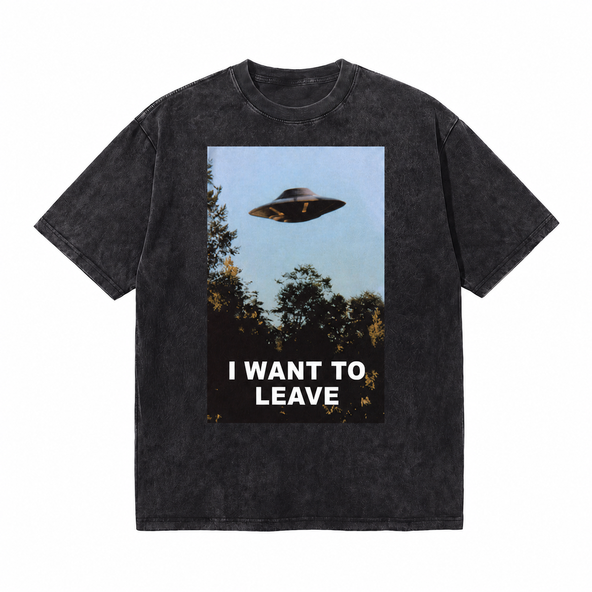 100%Cotton|Vintage Acid Wash UFO I Want To Leave Alien Photo Graphic Tee | Retro Sci-Fi Unisex Oversized High-Quality Cotton Blend Streetwear T-Shirt