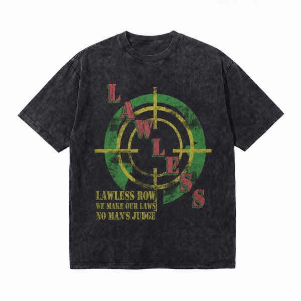 100%Cotton|Vintage Acid Wash Lawless Target Circle Typography Graphic Tee | Rebellious Street Unisex Oversized High-Quality Cotton Blend Streetwear T-Shirt