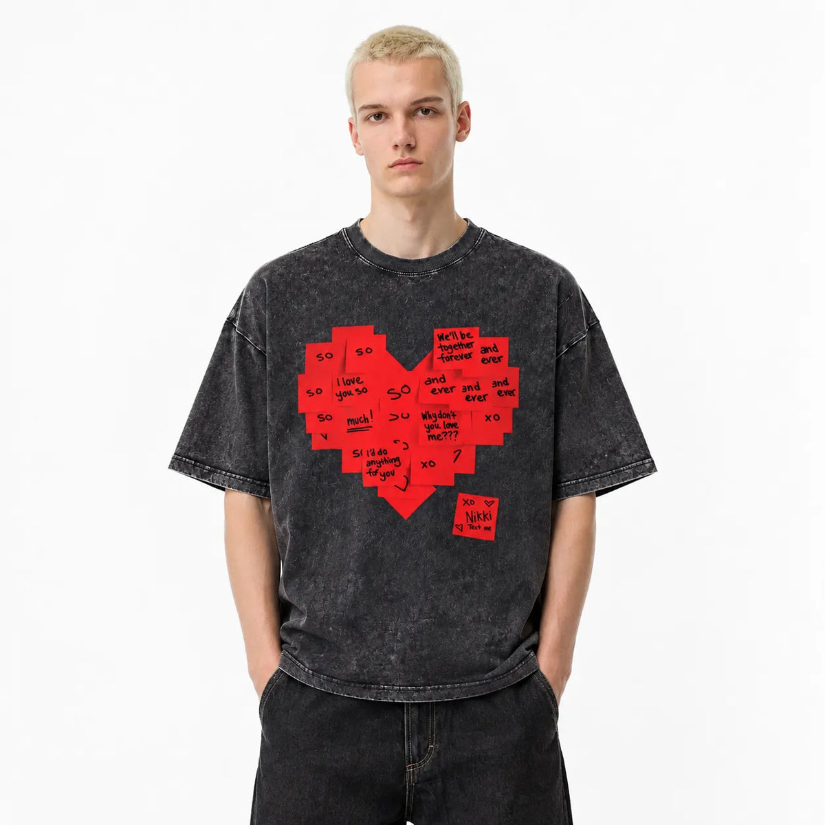 LAWLESSROW Obsession Red Sticky Note Heart Vintage Acid Wash Tee