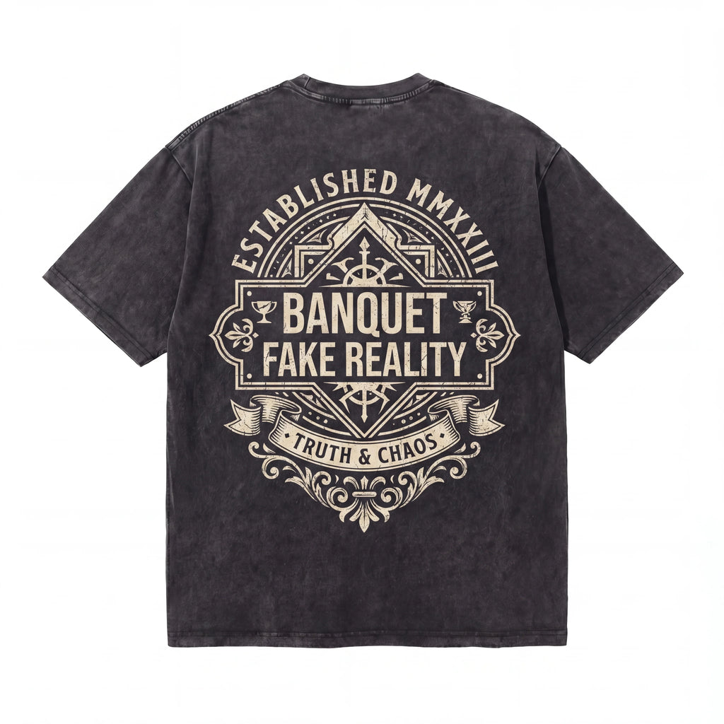 Black graphic tee with ornate 'Banquet Fake Reality' and 'Truth & Chaos' print on back