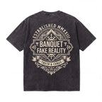 Black graphic tee with ornate 'Banquet Fake Reality' and 'Truth & Chaos' print on back