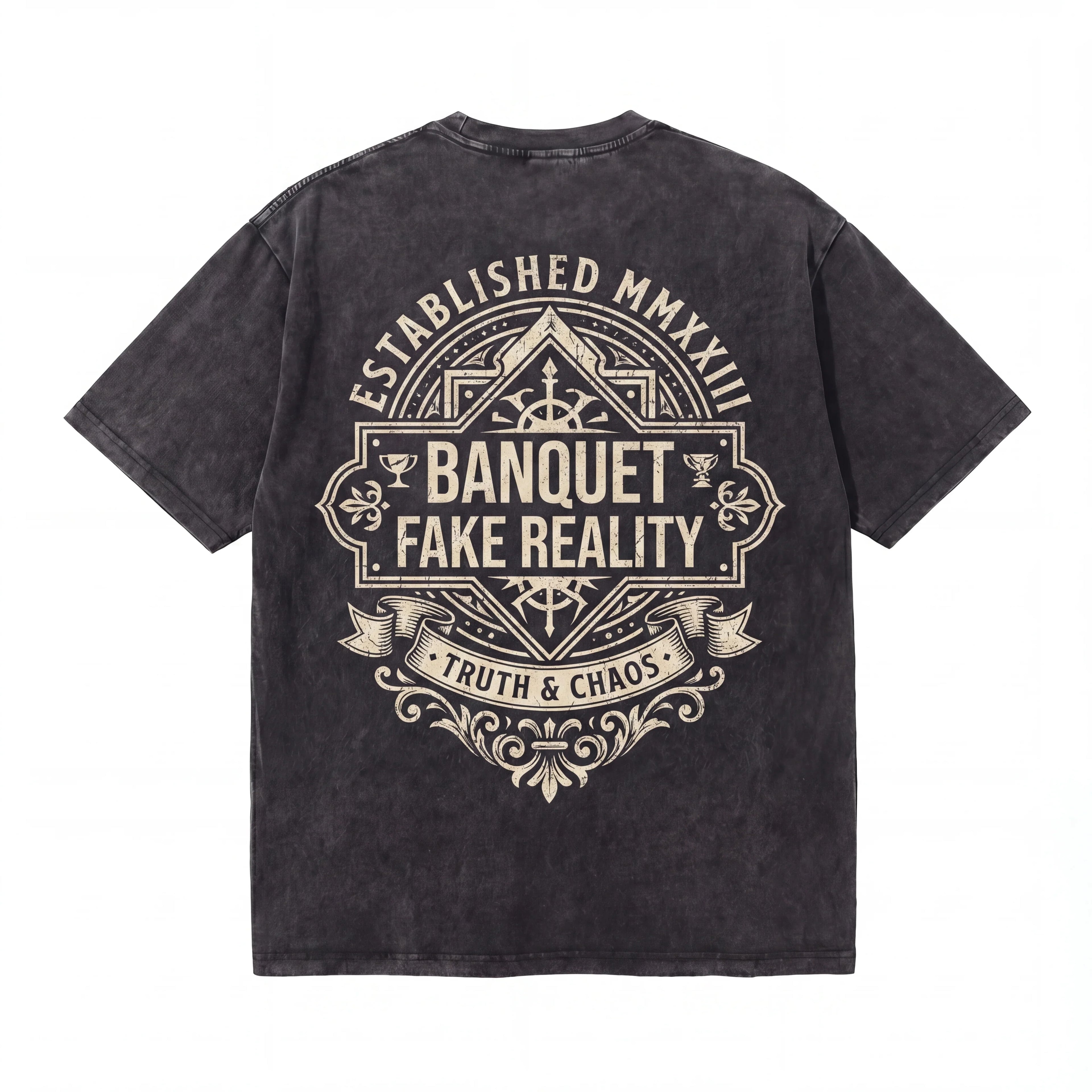 Black graphic tee with ornate 'Banquet Fake Reality' and 'Truth & Chaos' print on back