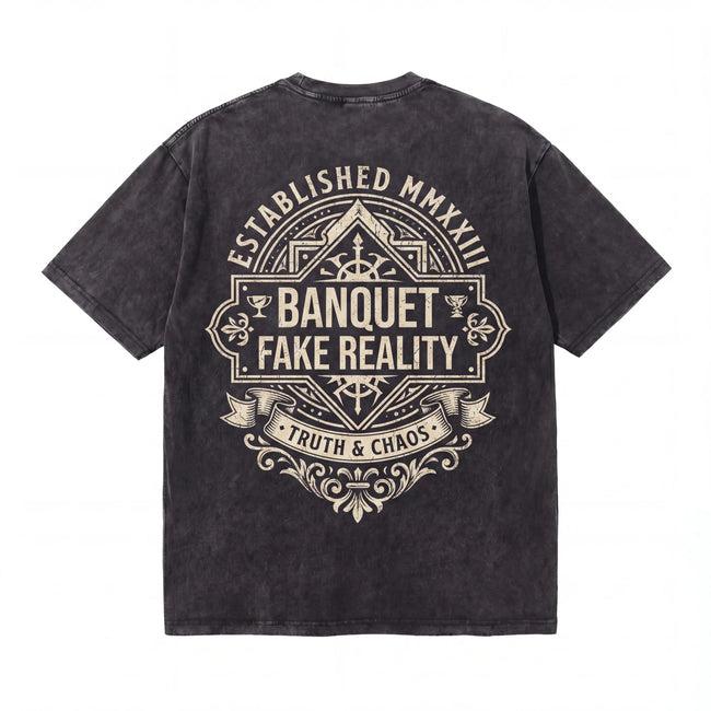 Black graphic tee with ornate 'Banquet Fake Reality' and 'Truth & Chaos' print on back Hover Image