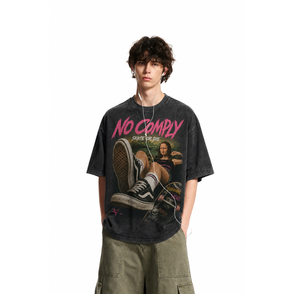 Vintage Acid Wash No Comply Mona Lisa Skateboard Graphic Tee | Retro Pop Culture Skate Unisex Oversized High-Quality Cotton Blend Streetwear T-Shirt