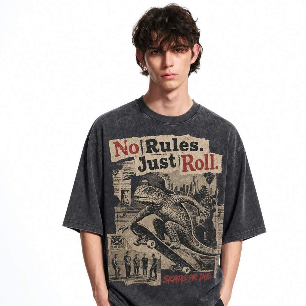 Vintage Acid Wash No Rules Just Roll Skate Lizard Graphic Tee | Retro Street Skate Culture Unisex Oversized High-Quality Cotton Blend Streetwear T-Shirt