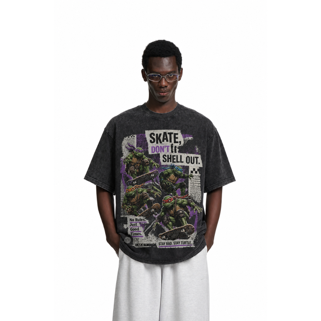Vintage Acid Wash Skate Don’t Shell Out Ninja Turtles Skateboard Graphic Tee | Retro 90s Cartoon Skate Unisex Oversized High-Quality Cotton Blend Streetwear T-Shirt