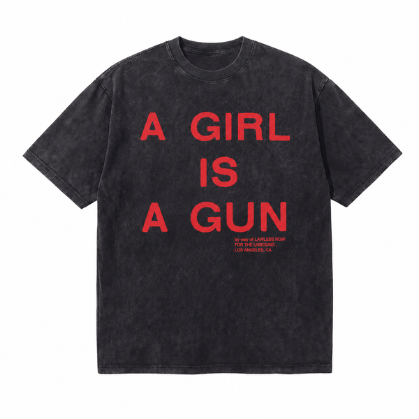 100%Cotton|Vintage Acid Wash A Girl Is A Gun Bold Red Typography Statement Graphic Tee | Feminine Empowerment Unisex Oversized High-Quality Cotton Blend Streetwear T-Shirt