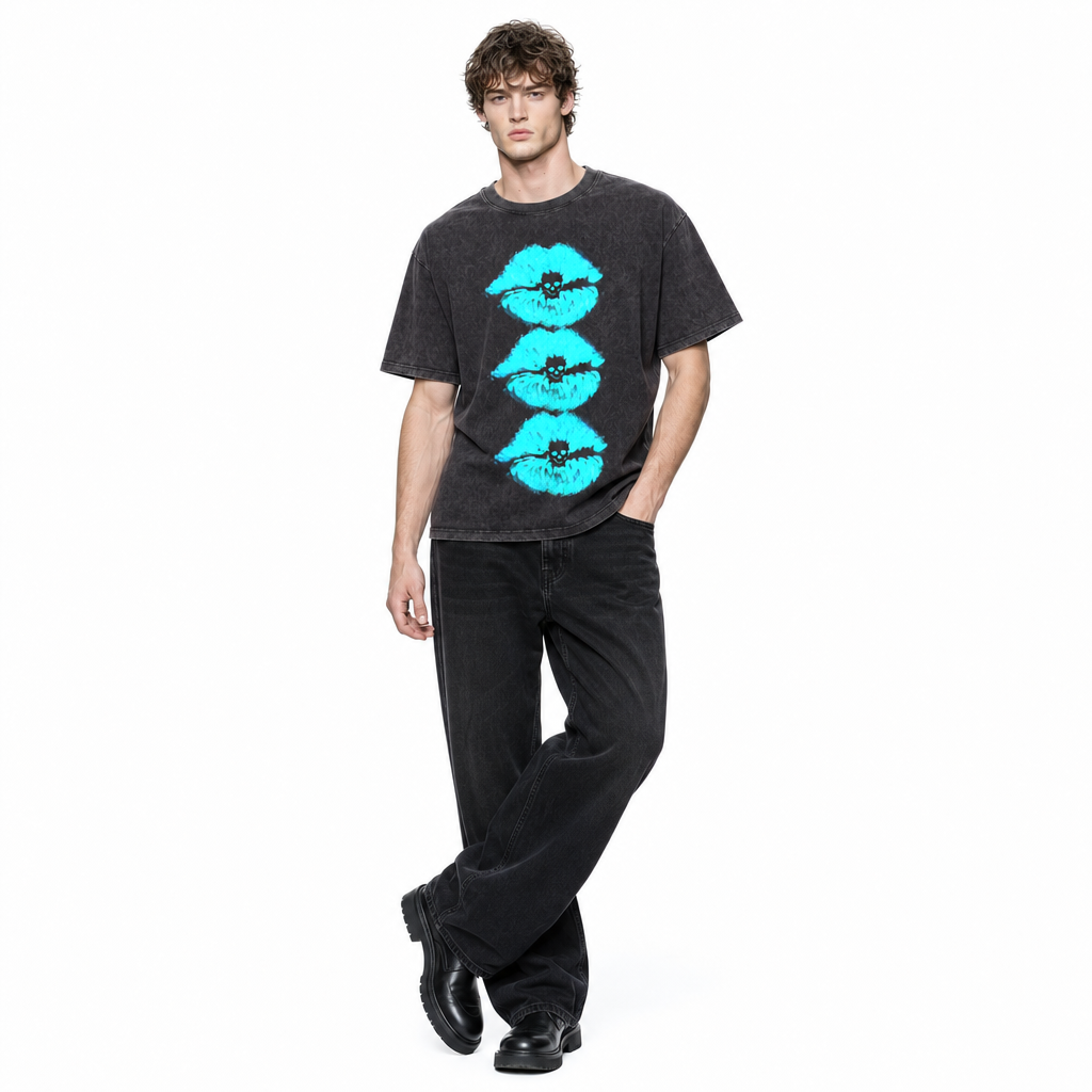 LAWLESSROW Stacked Cyan Lips Skull Vintage Acid Wash Tee