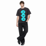 LAWLESSROW Stacked Cyan Lips Skull Vintage Acid Wash Tee