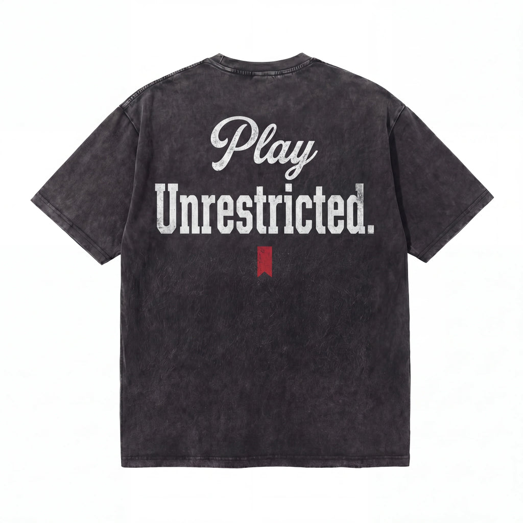 Black washed t-shirt with white 'Play Unrestricted.' text on the back.