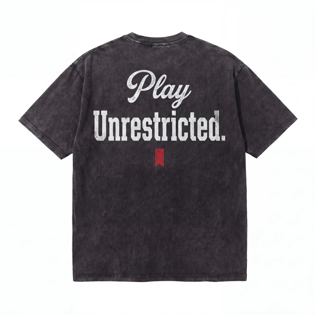 Black washed t-shirt with white 'Play Unrestricted.' text on the back.