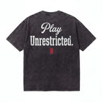 Black washed t-shirt with white 'Play Unrestricted.' text on the back.