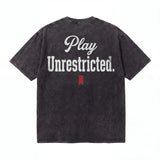 Black washed t-shirt with white 'Play Unrestricted.' text on the back.