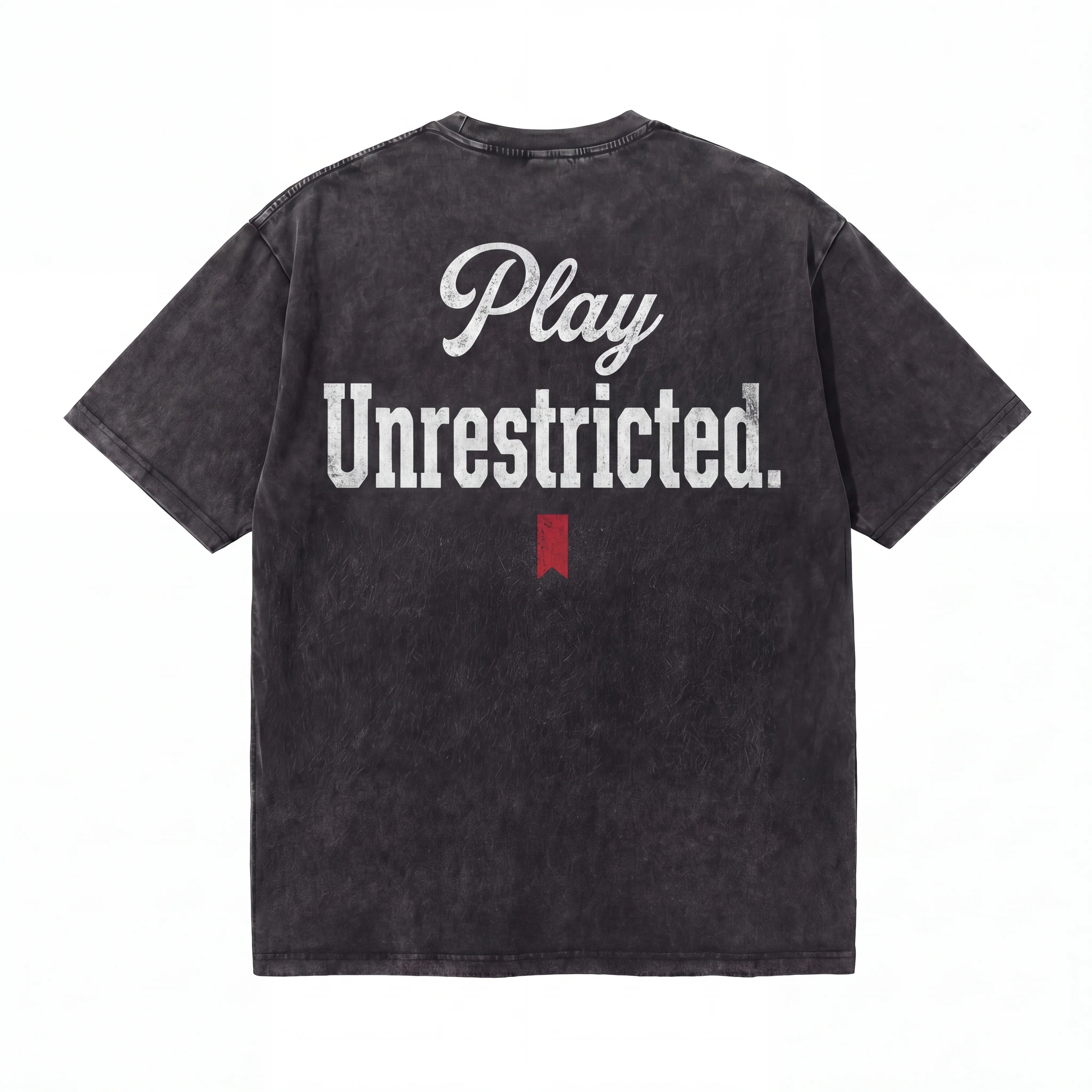 Black washed t-shirt with white 'Play Unrestricted.' text on the back.