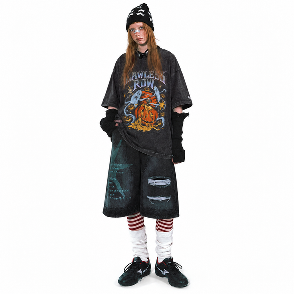 LAWLESSROW Halloween cartoon illustration Black Acid Wash Tee - hover