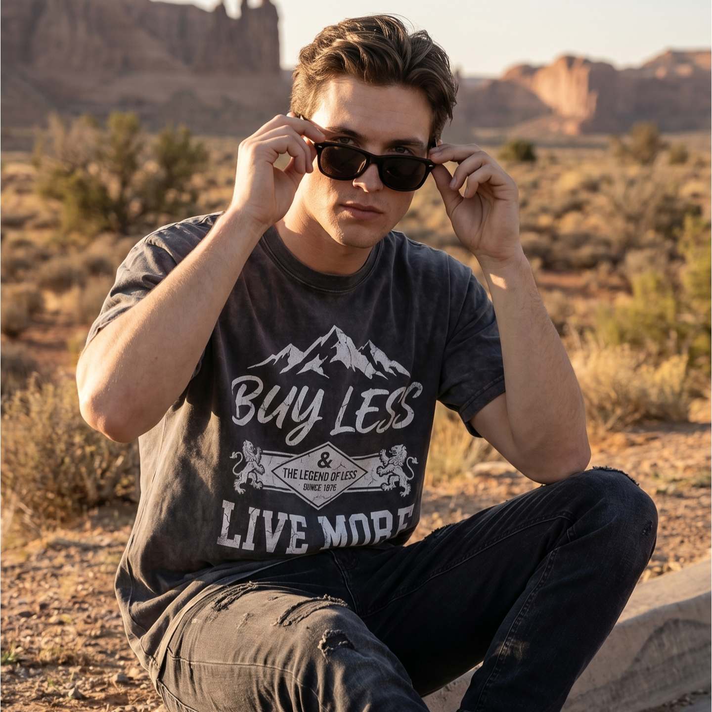 Man in sunglasses wearing 'Buy Less Live More' graphic t-shirt outdoors in desert landscape