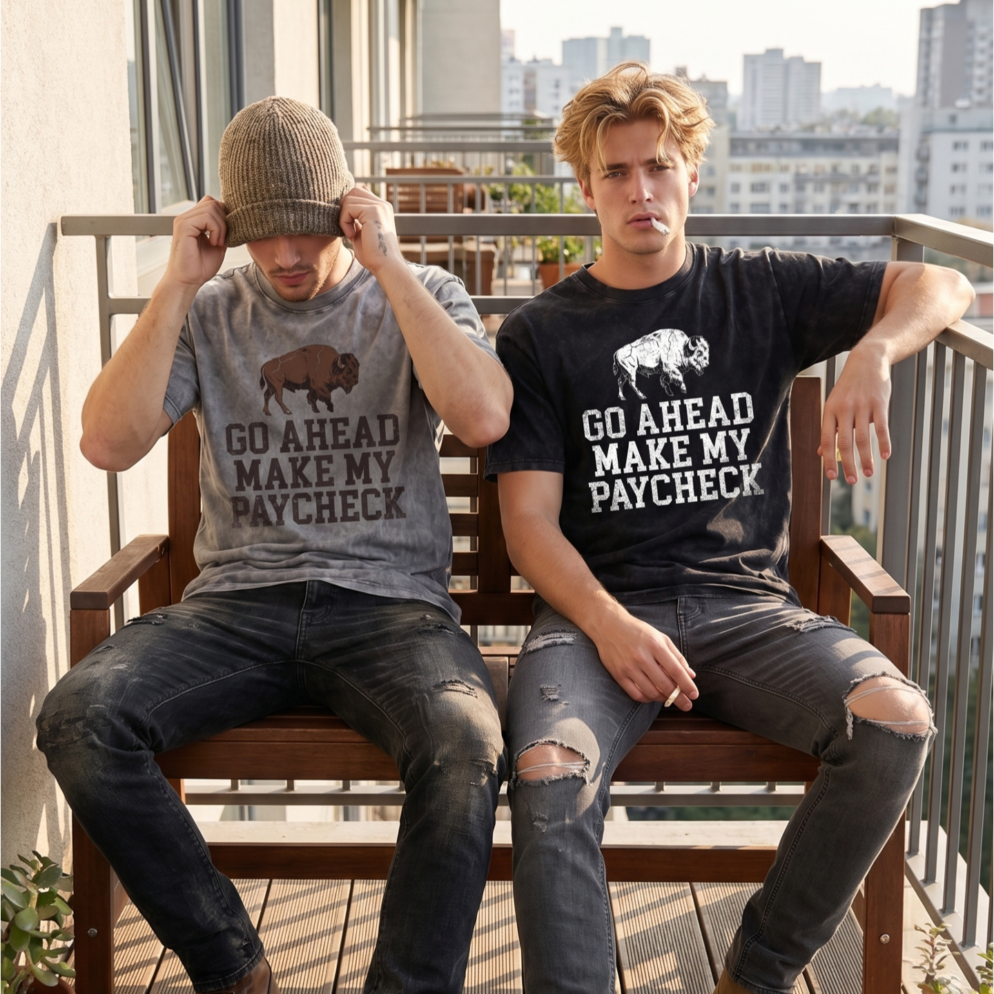 Two men on balcony wearing graphic t-shirts with bison and 'Go Ahead Make My Paycheck' slogan