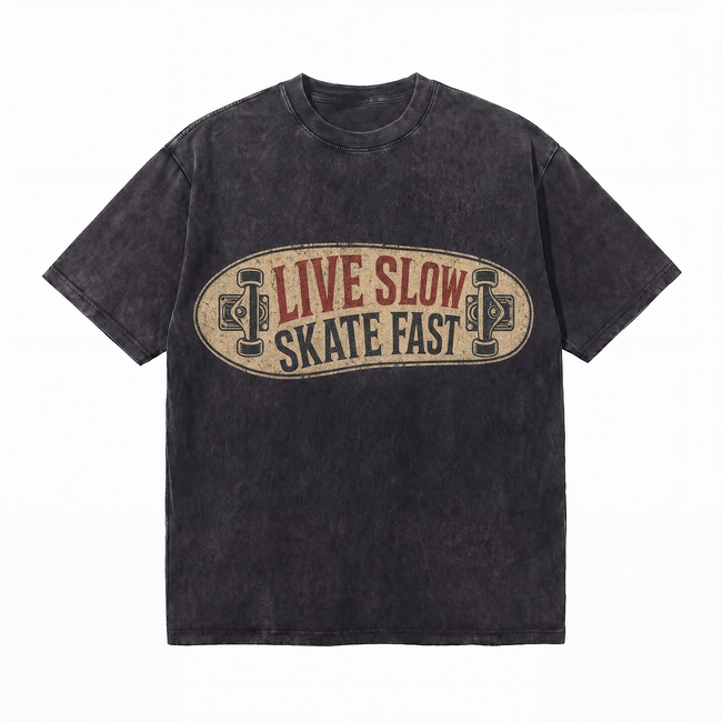 Lawless Row "Live Slow Skate Fast" Oversized Tee | Washed Black Streetwear Hover Image