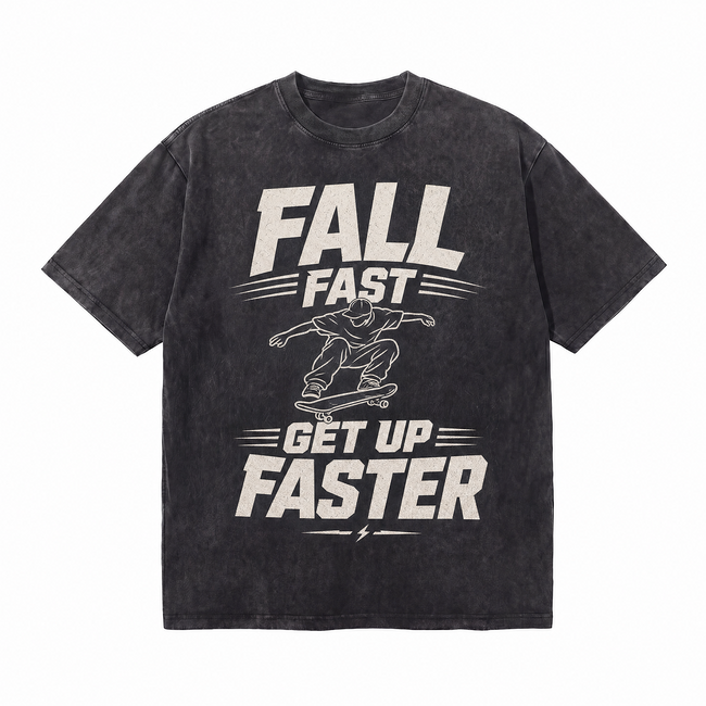 Lawless Row "Fall Fast Get Up Faster" Oversized Skate Tee | Washed Black Streetwear Hover Image