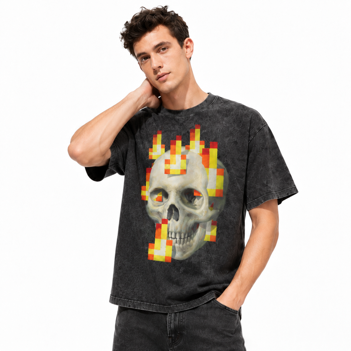 LAWLESSROW Pixel Flame Skull Vintage Acid Wash Tee