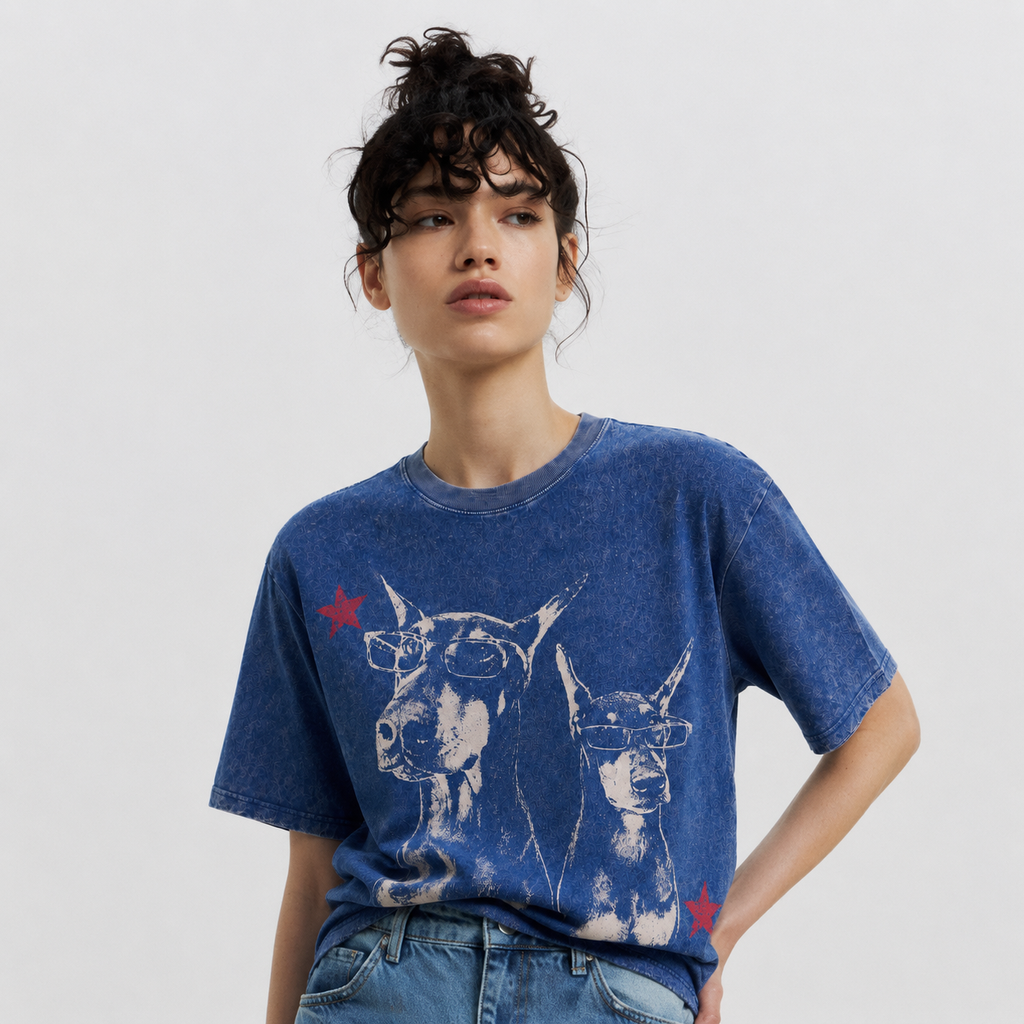 LAWLESSROW Cool Dobermans Star Vintage Acid Wash Tee