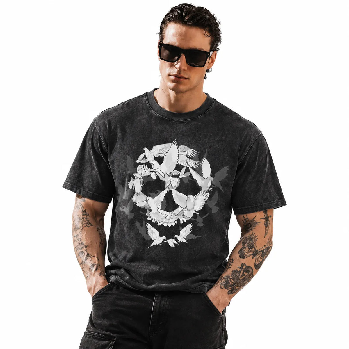LAWLESSROW Dove Flock Skull Vintage Acid Wash Tee