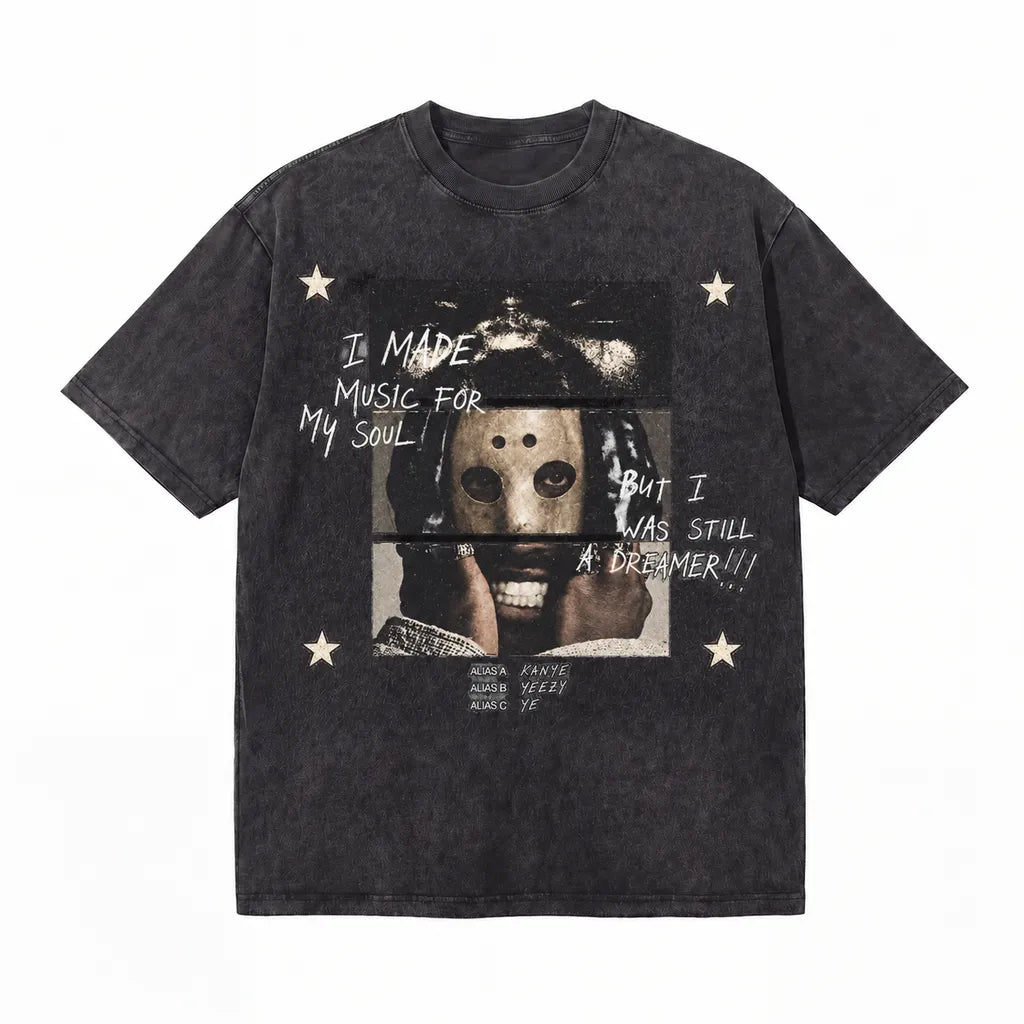 LAWLESSROW KANYE WEST Masked Alias Black Vintage Acid Wash Tee