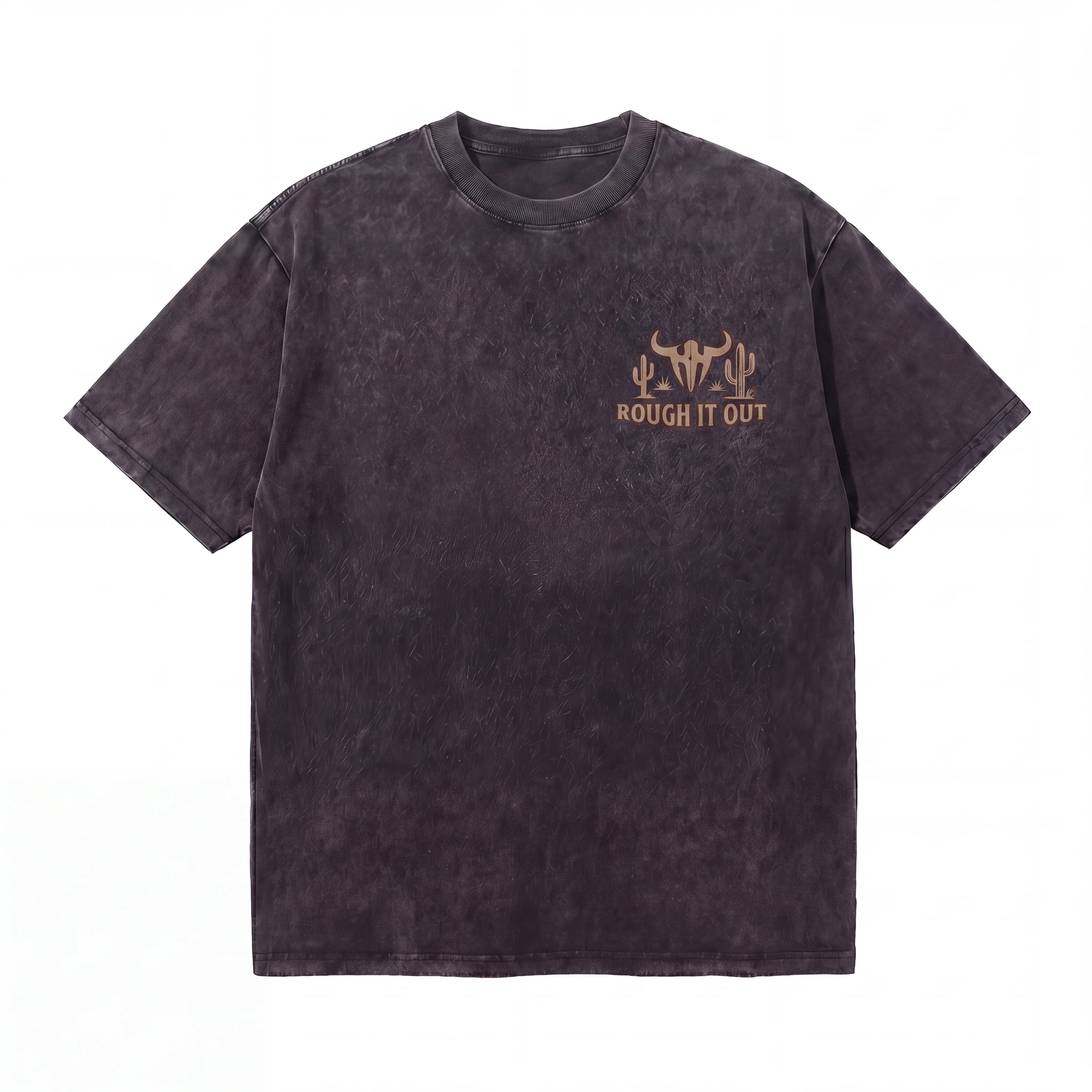 Washed black graphic t-shirt with 'Rough It Out' text and western bull skull design