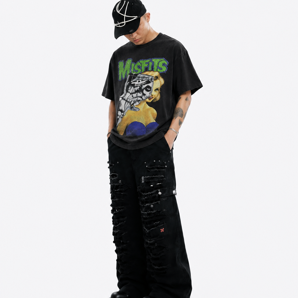 LAWLESS ROW MISFITS SKELETAL ILLUSION VINTAGE BLACK HEAVY TEE