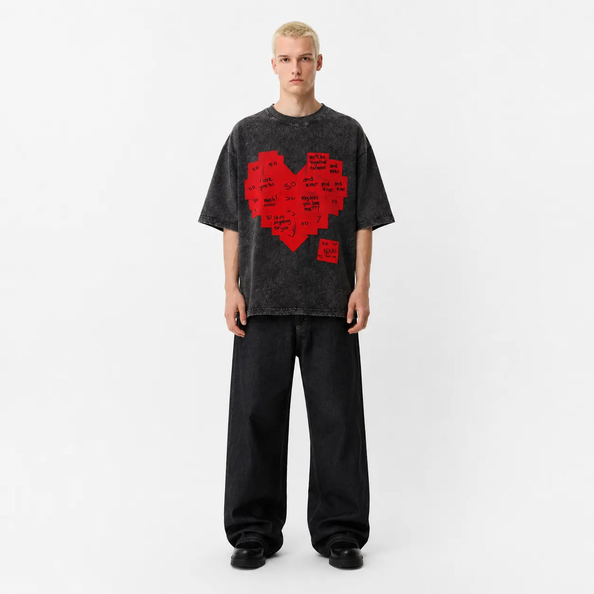 LAWLESSROW Obsession Red Sticky Note Heart Vintage Acid Wash Tee