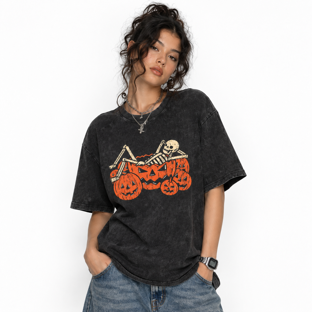 LAWLESSROW Skeleton Pumpkin Bath Vintage Acid Wash Tee