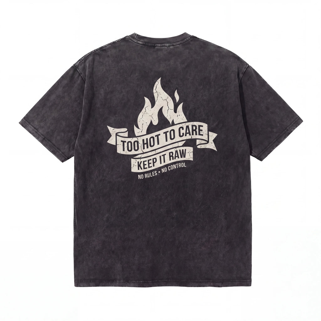 Black graphic t-shirt with flame and slogan 'Too Hot To Care, Keep It Raw' on the back
