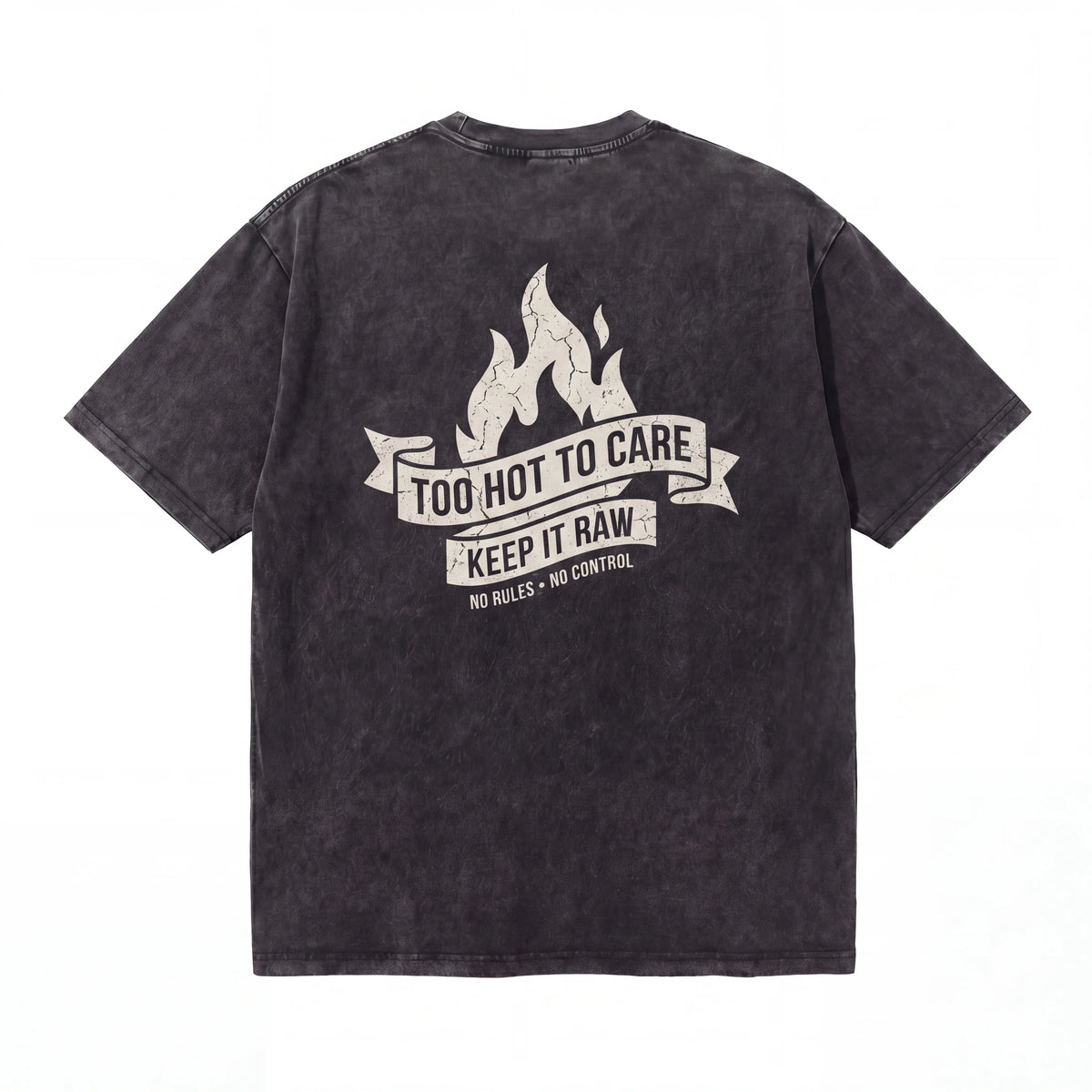 Black graphic t-shirt with flame and slogan 'Too Hot To Care, Keep It Raw' on the back