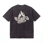 Black graphic t-shirt with flame and slogan 'Too Hot To Care, Keep It Raw' on the back