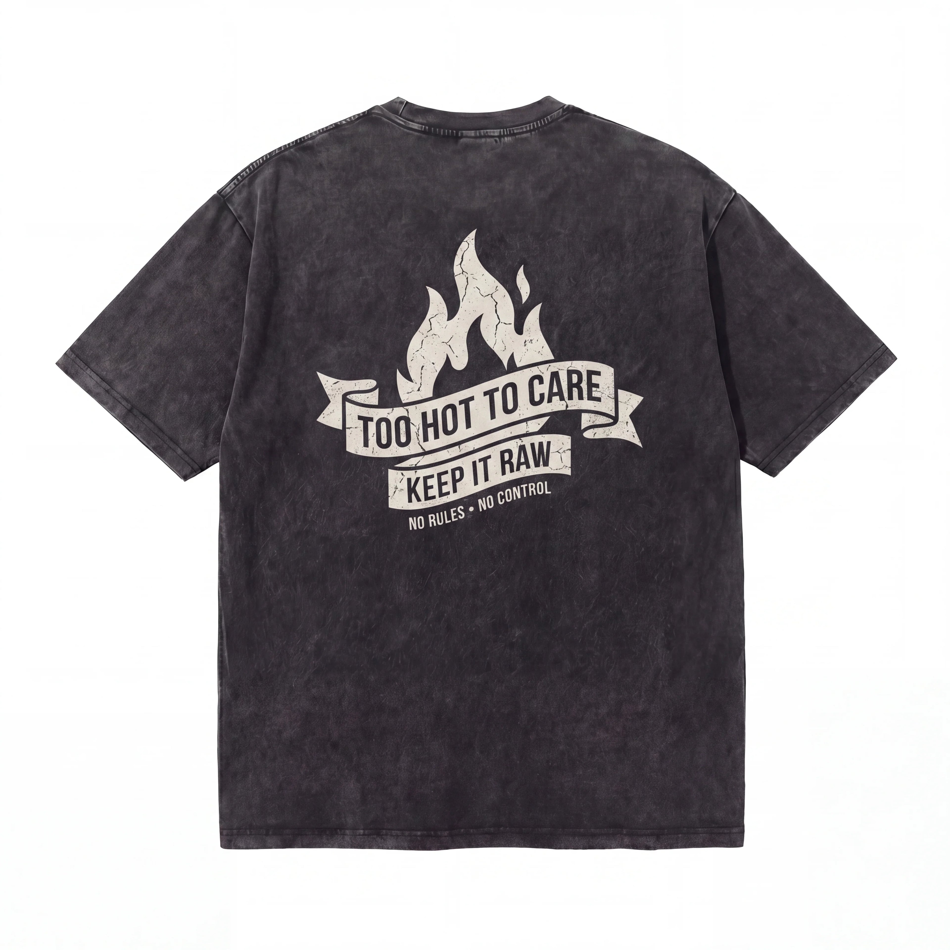 Black graphic t-shirt with flame and slogan 'Too Hot To Care, Keep It Raw' on the back