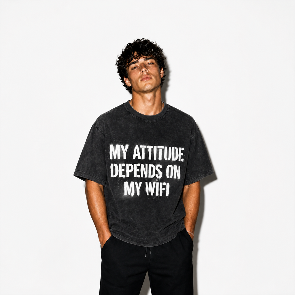 LAWLESSROW My Attitude Depends On My Wifi Funny Slogan Vintage Acid Wash Tee