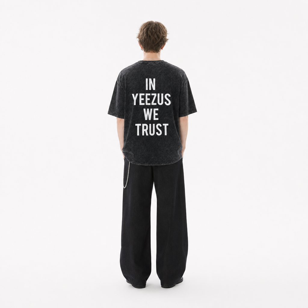 LAWLESSROW KANYE SLOGAN Black Vintage Acid Wash Tee