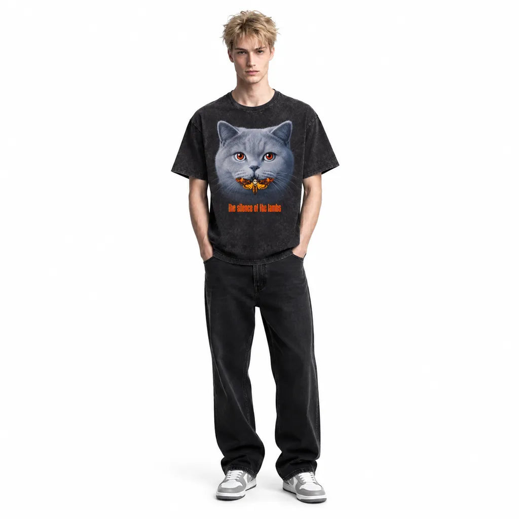 LAWLESSROW Silence of the Lambs Death's Head Moth Cat Vintage Acid Wash Tee