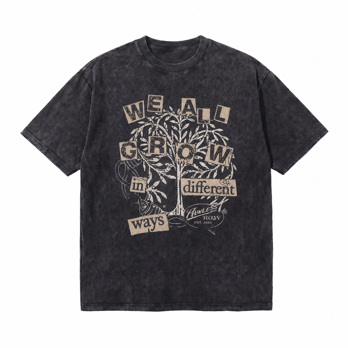 100% Cotton|Vintage Acid Wash We All Grow In Different Ways Tree Collage Graphic Tee | Growth Mindset Unisex Oversized High-Quality Cotton Blend Streetwear T-Shirt