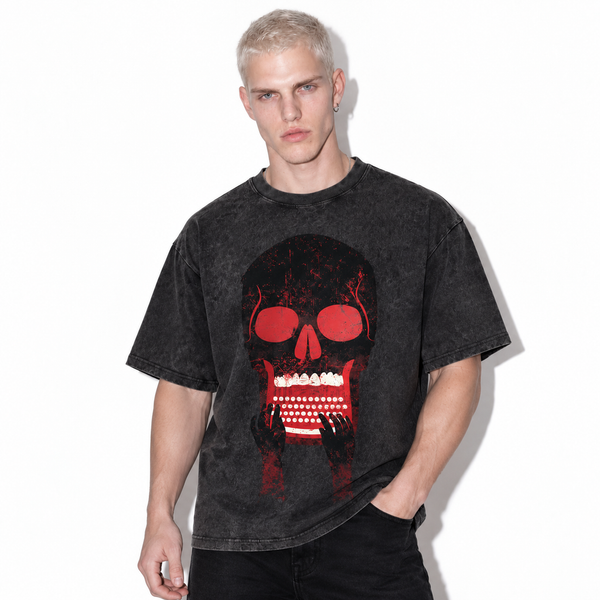 LAWLESSROW Typewriter Skull Hands Vintage Acid Wash Tee - hover