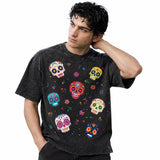 LAWLESSROW Sugar Skulls Pattern Vintage Acid Wash Tee