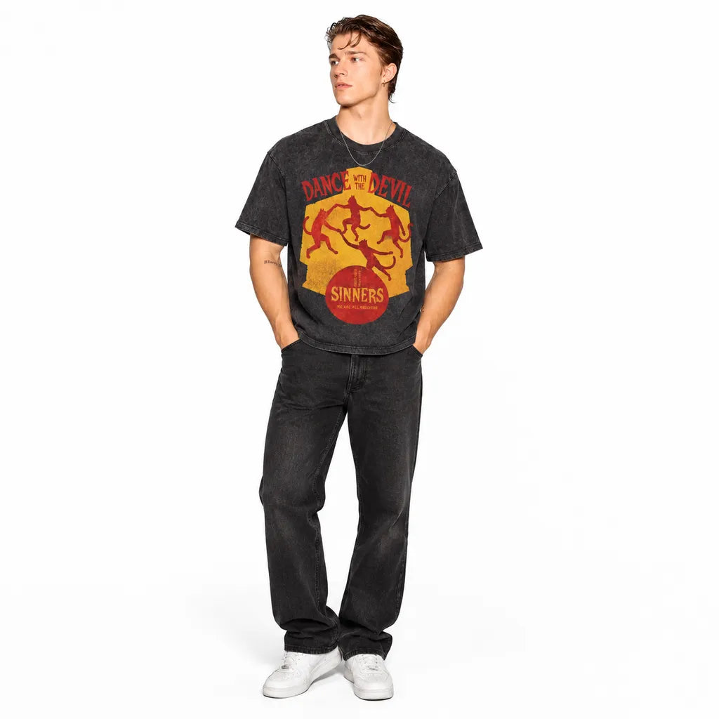 LAWLESSROW Dance With The Devil Dancing Cats Vintage Acid Wash Tee