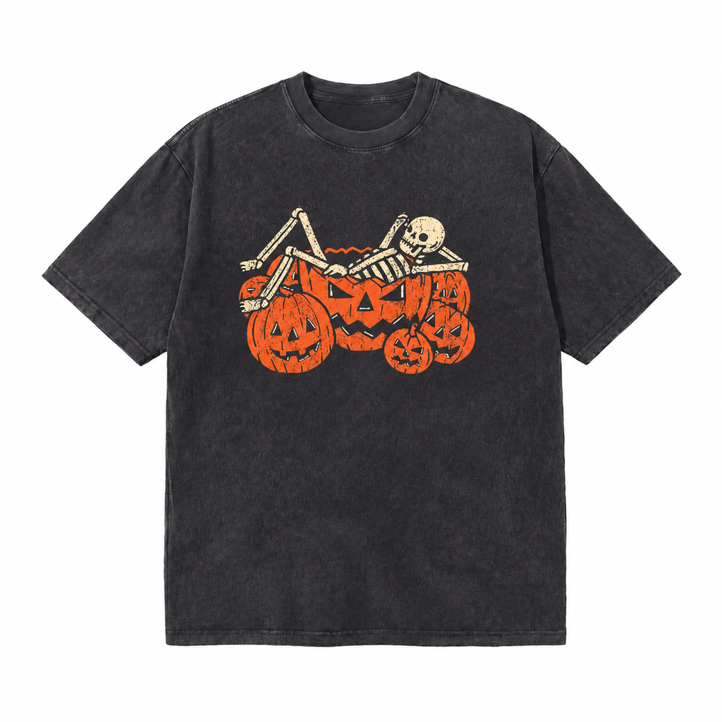 LAWLESSROW Skeleton Pumpkin Bath Vintage Acid Wash Tee
