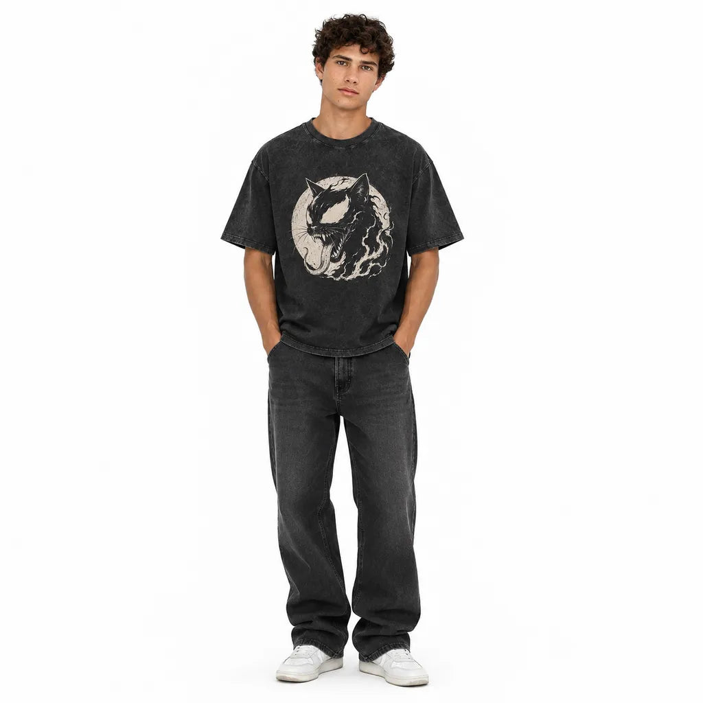 LAWLESSROW Symbiote Purr Feral Moon Vintage Acid Wash Tee