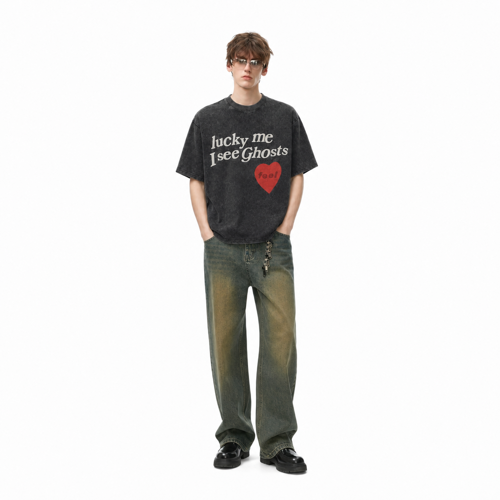 LAWLESSROW KANYE LUCKY ME I SEE GHOSTS Black Vintage Acid Wash Tee