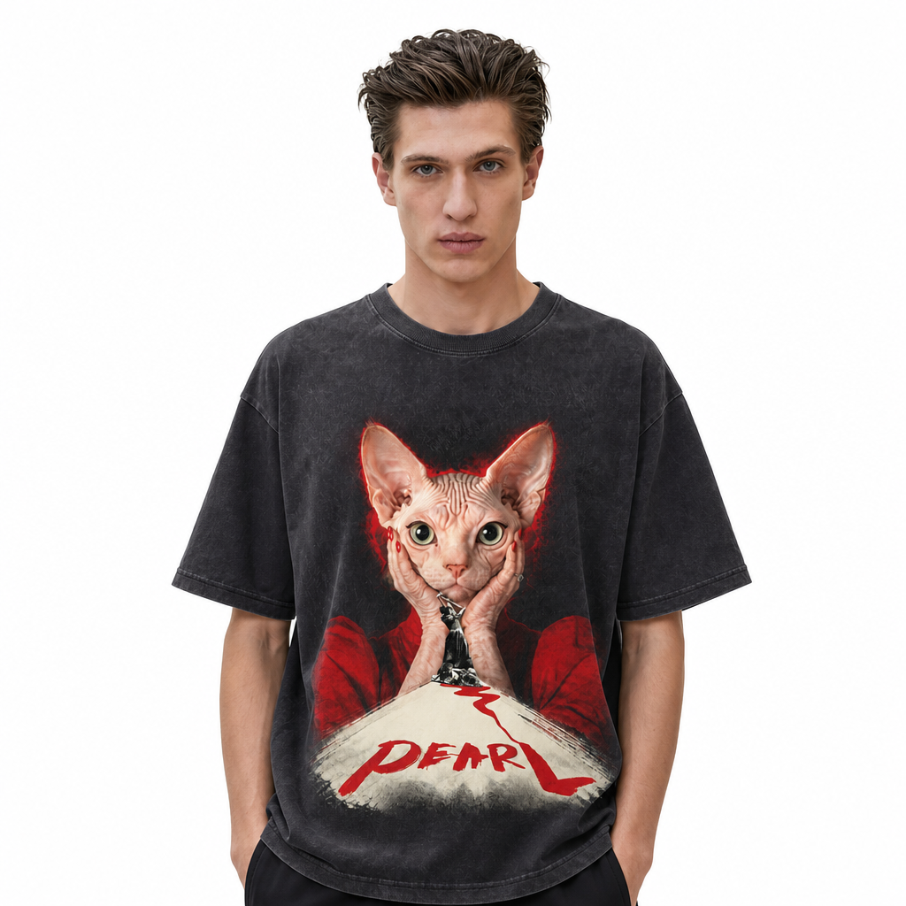 LAWLESSROW Pearl Sphynx Cat Vintage Acid Wash Tee