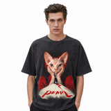 LAWLESSROW Pearl Sphynx Cat Vintage Acid Wash Tee
